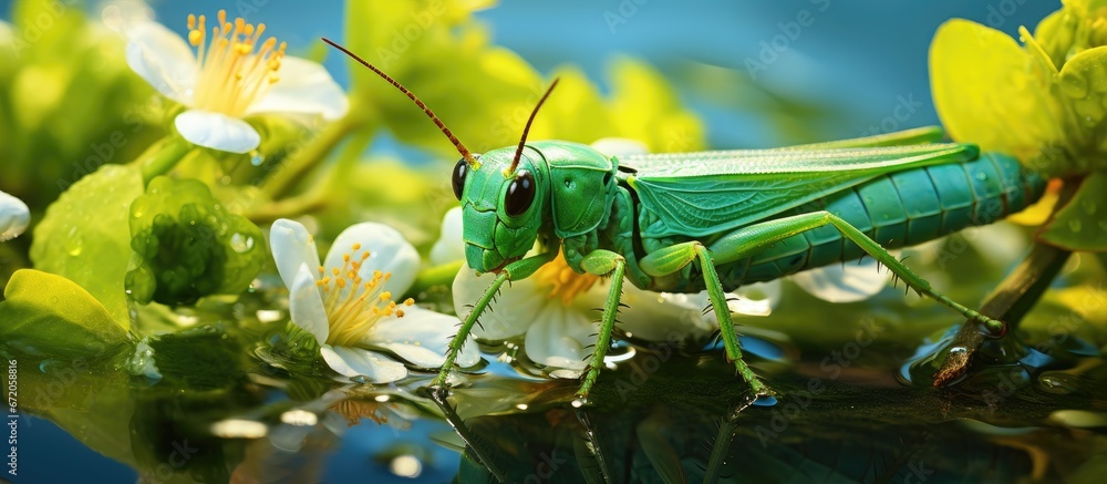 A small green grasshopper rests on the water spinach flower