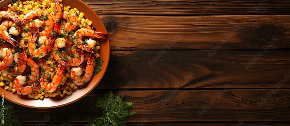 A plate on a wooden table holds warm shrimp corn garlic and herbs giving off a delicious aroma