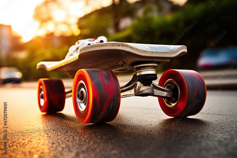 Close-up of skateboard wheels rolling over pavement with motion blur