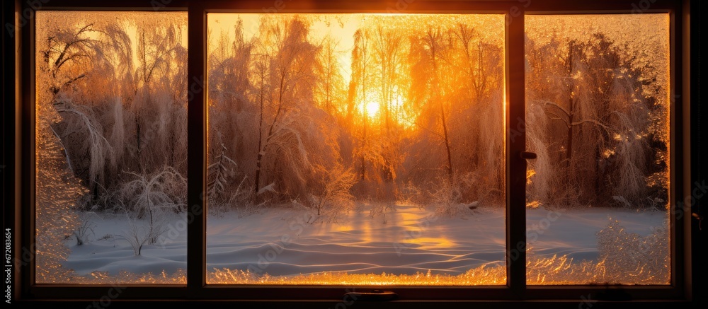 During the winter season at sunset the frozen glass window allows the sun to shine through casting a warm orange glow