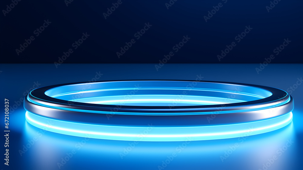 Futuristic room with circle blue neon podium . 3D space with empty stage.light blue background for product presentation with a circular neon glow.