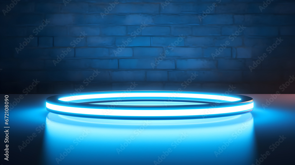 Futuristic room with circle blue neon podium . 3D space with empty stage.light blue background for product presentation with a circular neon glow.