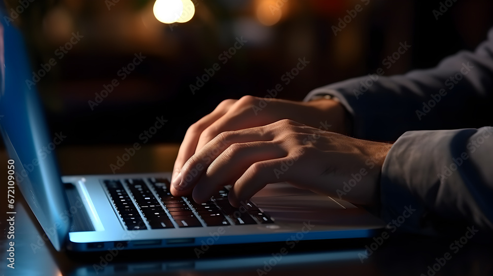 Male hands are typing on a laptop keyboard, a man works, develops a business, studies, plays a computer game at night.