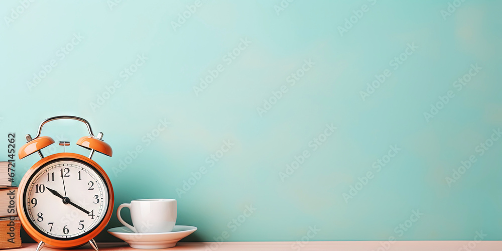 Vintage alarm clock and cup of hot coffee on the uniform pastel backdrop with a copy space. Generative AI