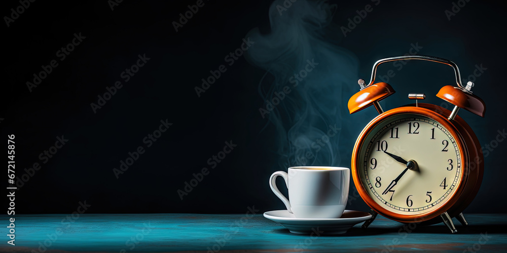 Vintage alarm clock and cup of coffee on the uniform dark backdrop with a copy space. Generative AI