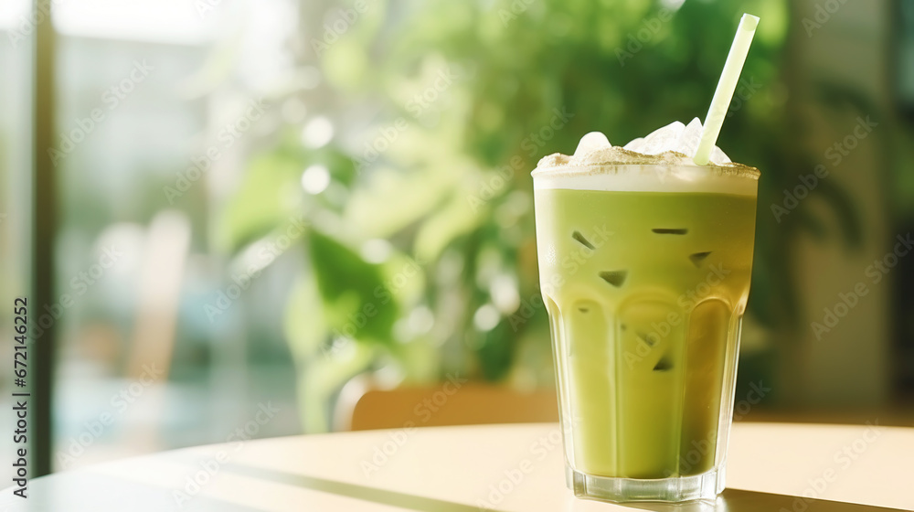 Closeup of iced matcha latte in a stylish glass on sunny background in front of the window in a cafe. Generative AI