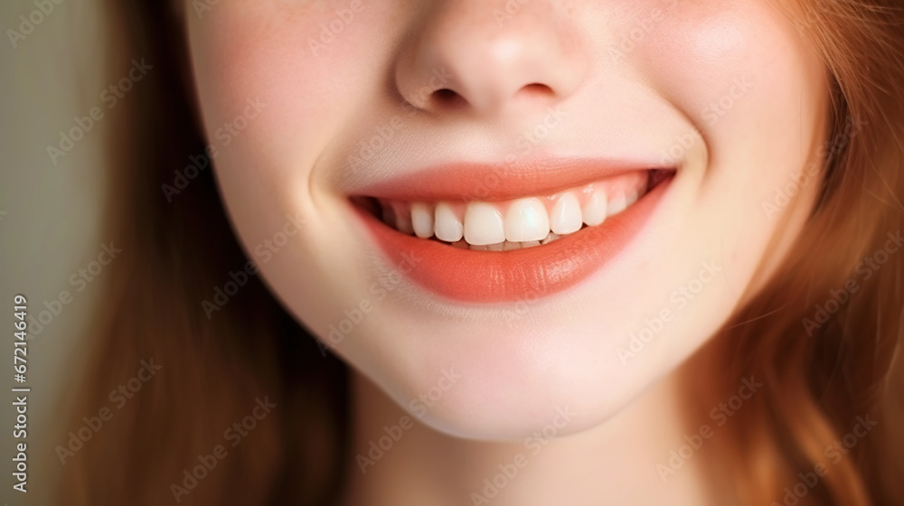 Closeup of beautiful smile of young woman with healthy white teeth. Healthcare concept. Generative AI