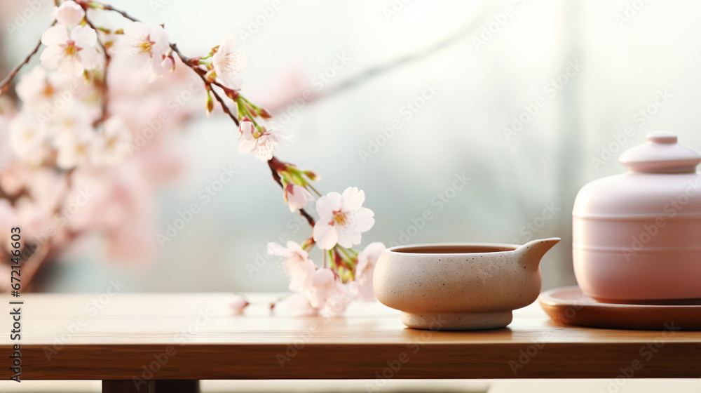 Tea ceremony, traditional teapot and ceramic cups on wooden tray on light background with sakura blossoms. Generative AI