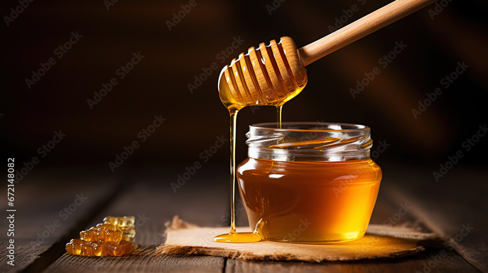 Close-up of a jar of honey, a dipper with dripping honey, on a wooden table with dark background. Generative AI