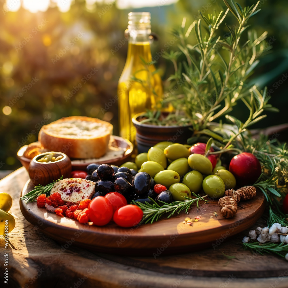 Mediterranean brunch with delicious tomatoes, ciabatta, olives, rosemary and cheese in an olive garden. Generative AI