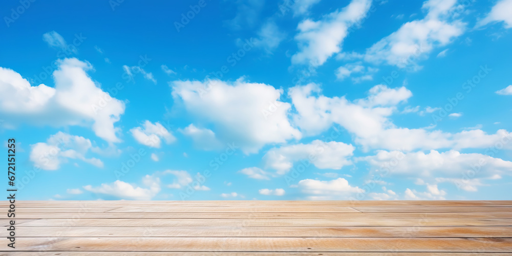 Wood table mockup with blue cloudy sky background. Empty copy space for product presentation. Generative AI