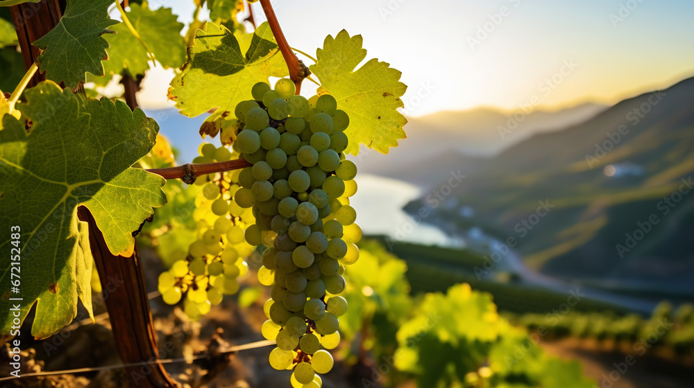 A large bunch of ripe green grapes on the vine, with blurred mountains on background. Generative AI