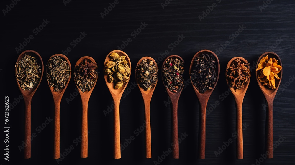 Different types of tea and herbs in vintage wood spoons, top view on dark background. Copy space. Generative AI