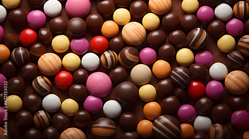 various colorful chocolate candies, top view colorful  candy background