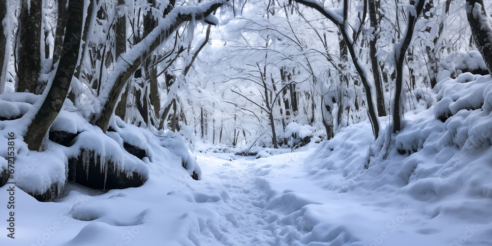 Ephemeral frozen forest landscape with the fleeting beauty of winter and its transient charm. Pathway, rural road. Winter wonderland. Ecology, global warming, ecotourism