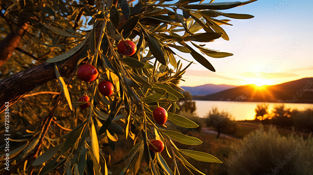 Closeup of olives with dew drops on the branch of olive tree on the sunset. Generative AI