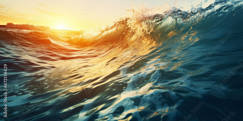 Closeup of the ocean wave. The sea in the light of summer sunset. Travel, vacation concept. Generative AI