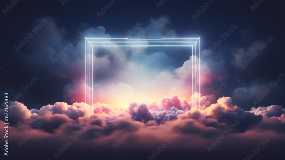 abstract minimal background with pink blue yellow neon light square frame with copy space, illuminated stormy clouds, glowing geometric shape, 3d render