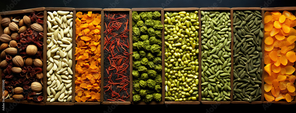 Collection of different aromatic spices, seeds and herbs in a wooden boxes, panoramic view from above. Generative AI