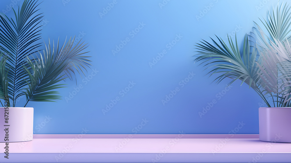 blue studio background for product presentation. Empty room with flowers and palm leaves . 3d room with copy space. Summer concert