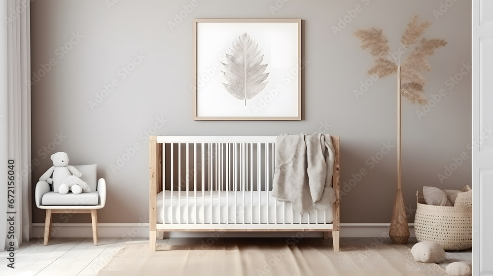 a wall frame mockup in a nursery with a Boho, Scandinavian, eco style.