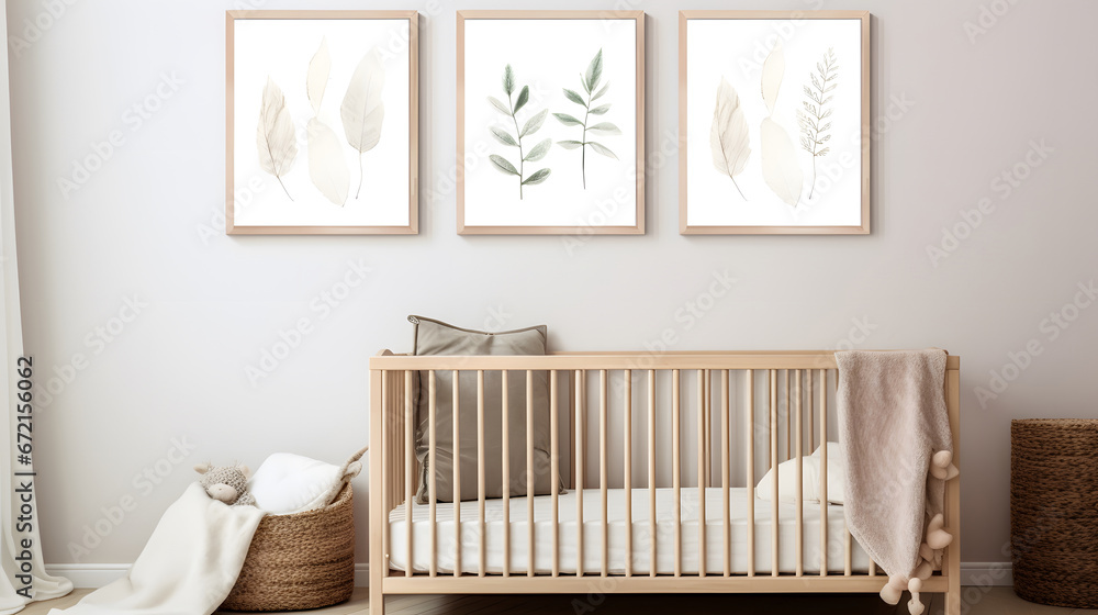 a wall frame mockup in a nursery with a Boho, Scandinavian, eco style.