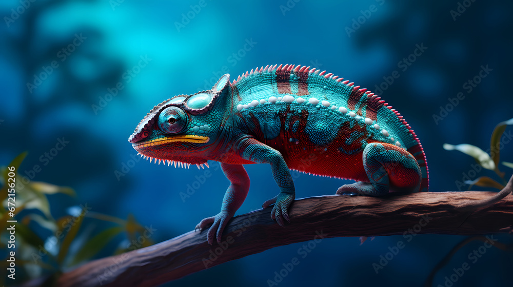 a colorful chameleon on a branch  on blue background