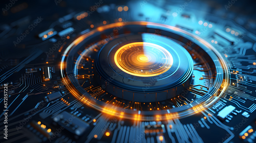 A close-up of a digital eye retina print with microchips in the camera lens, the concept of merging a person with technology and artificial intelligence