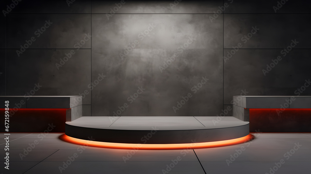 gray podium mockup, textured black wall and neon lights for product presentation