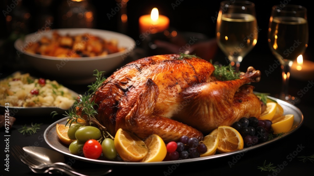 Appetizing turkey cooked for Thanksgiving, Richly set holiday table.