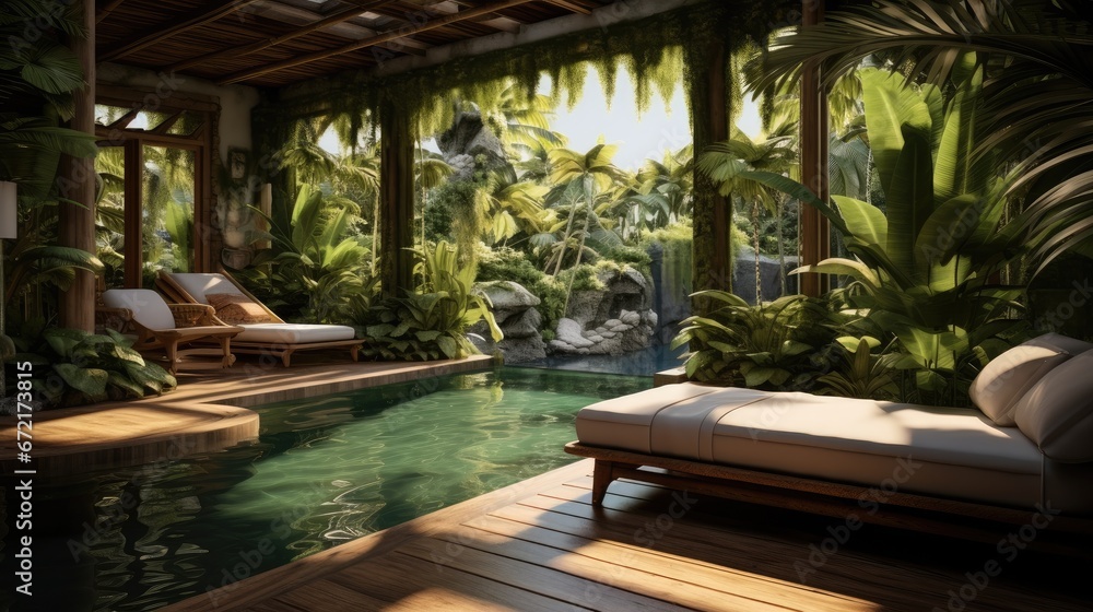 Small private swimming pool at villa in jungle, Green tropical plants around.