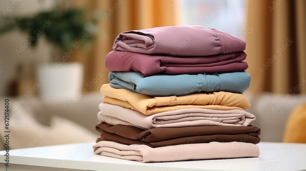 Close-up of different folded clothes on table.