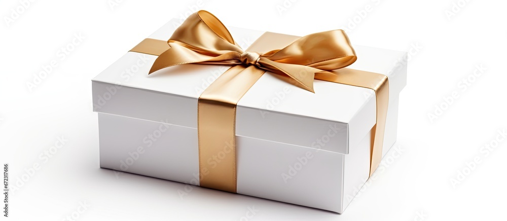 A white gift box with a label and a ribbon neatly tied around it viewed from above The object is placed on a white background and has a subtle shadow and a boundary outlined for easy separa