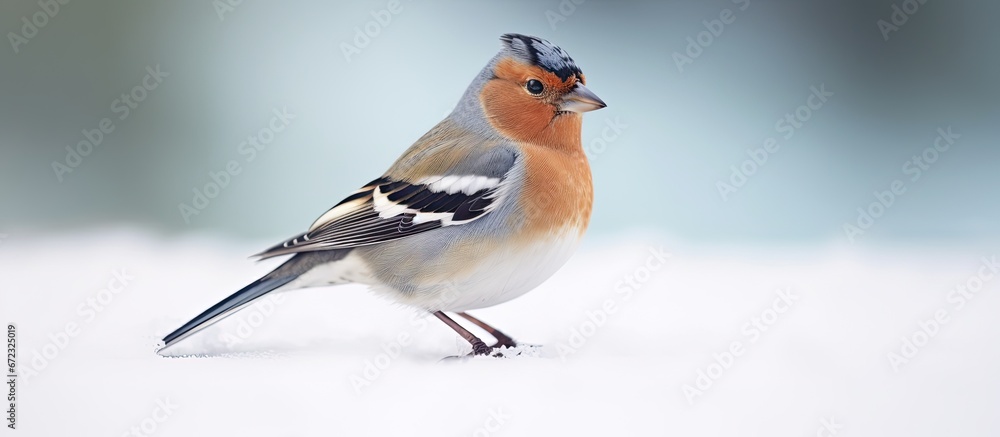 A chaffinch scientifically known as Fringilla coelebs perching on the snow in a beautiful wildlife setting