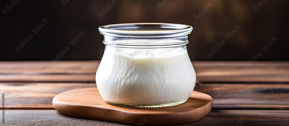 A close up of a healthy fermented milk product homemade yogurt served in a clear jar on a wooden table