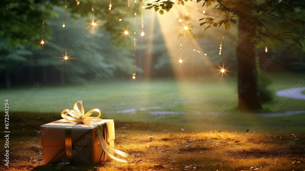 Gift box with golden ribbon and bokeh lights in forest