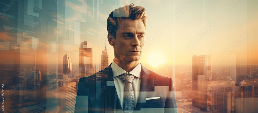 A sunrise city acts as a double exposure backdrop in a close up photograph showcasing a dapper young man dressed in a suit