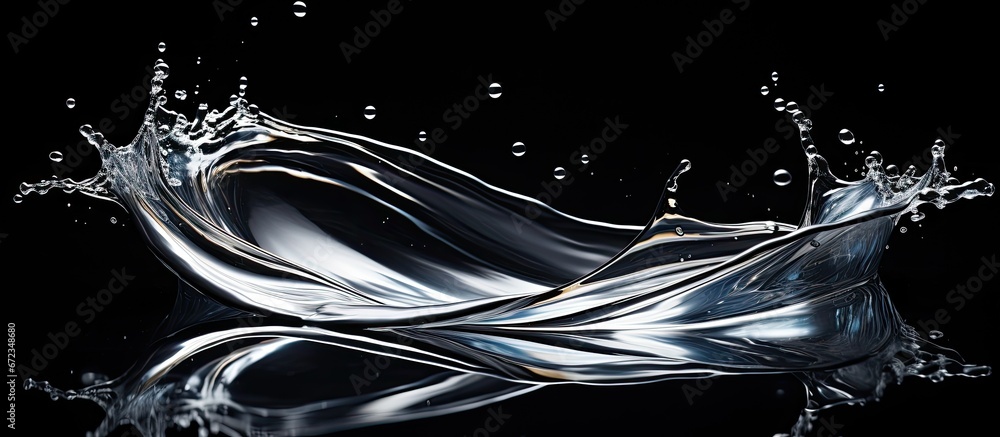 A glistening liquid reflects off a dark backdrop while clear water in a glass captures bubbles