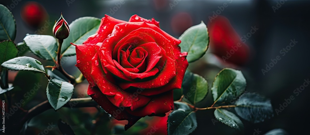 A scarlet rose blooms among lush green foliage creating a vibrant floral display against a flowering flower backdrop in the summertime