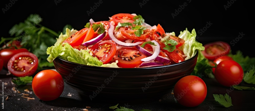 A salad made with ripe tomatoes crunchy cabbage and flavorful onions