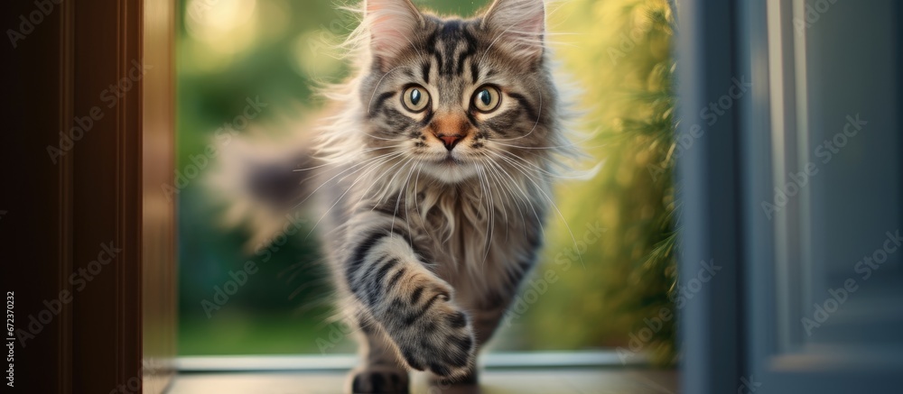 A youthful Maine Coon cat with a blue tabby coat is returning from the garden and entering the house through the cat flap in the window