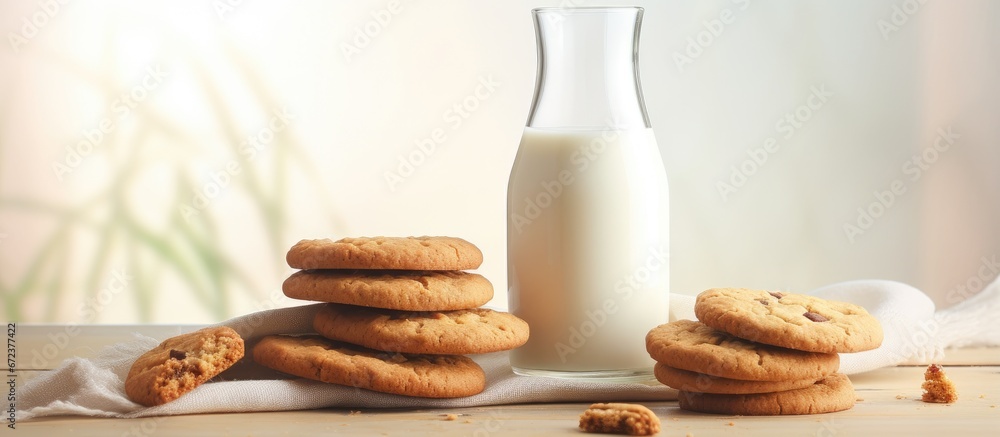 Assorted homemade cookies placed alongside milk on a softly lit background exude a rustic charm with gentle illumination pouring in from the nearby window