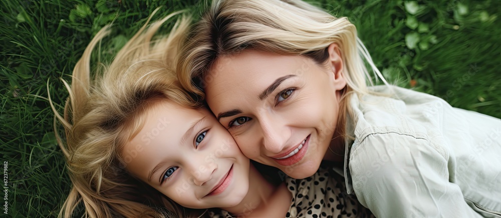 A portrait from a short distance featuring the faces of a mother and daughter both blondes looking alike They are set against a backdrop of vibrant green grass The photograph captures emoti