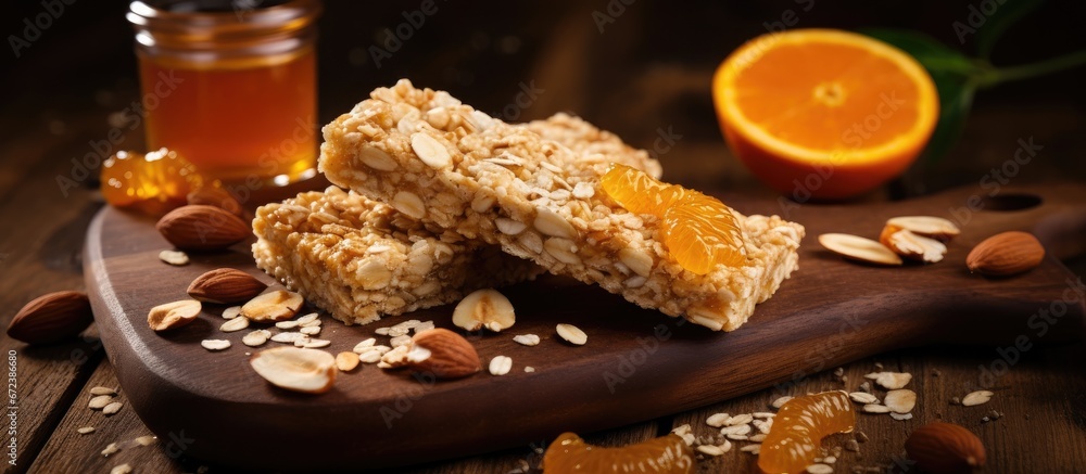 Citrus granola bars made from scratch incorporating peanut butter honey and oatmeal showcased on a wooden backdrop