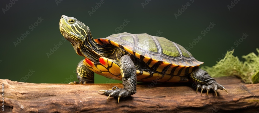 A turtle with red ears known as the Red Eared Slider scientifically named Trachemys scripta elegans is found on a log enjoying the warmth of the sun