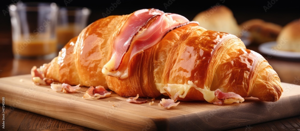 A classic ham and cheese croissant made with butter on a rustic wooden background