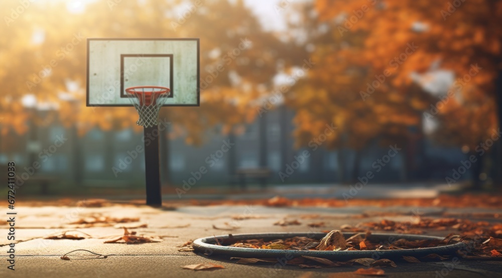 basketball hoop at the court at sunset