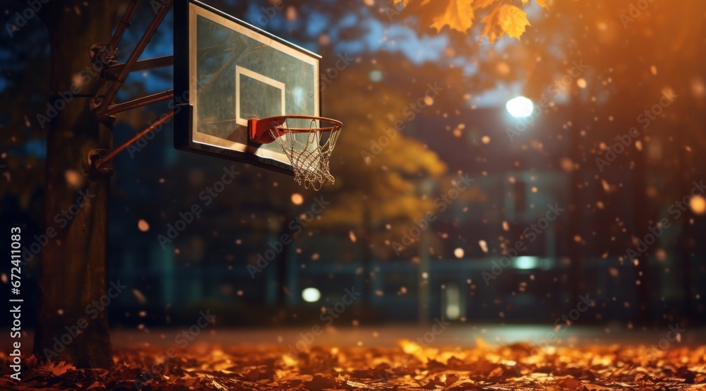 basketball hoop at the court at sunset