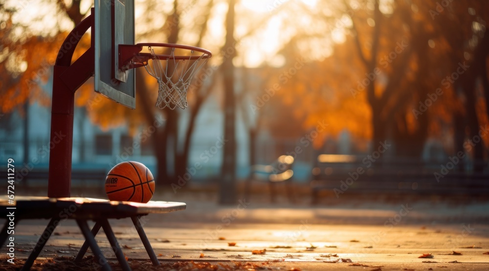 basketball hoop at the court at sunset