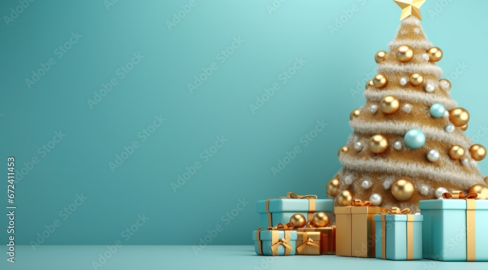 hristmas tree with golden, blue and white ornaments and presents on turquoise background